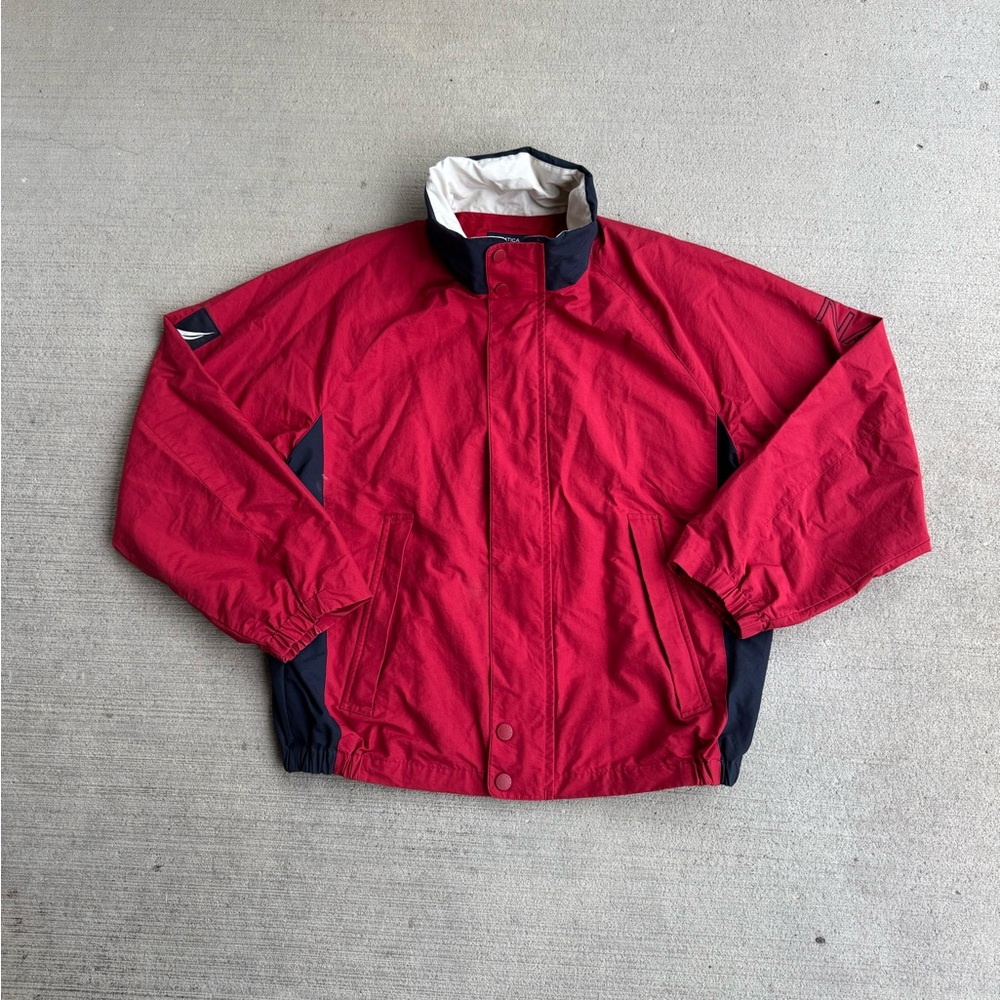 Vintage Nautica Sailing Jacket Mens XL Red Blue Colorblock Hideaway Hood Flaw - Picture 2 of 14